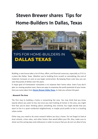 Steven Brewer shares  Tips for Home-Builders In Dallas, Texas