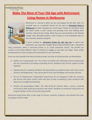 Make The Most of Your Old Age with Retirement Living Homes in Melbourne