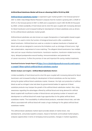 Artificial Blood Substitutes Market will Grow at a Booming CAGR of 25.6 by 2028