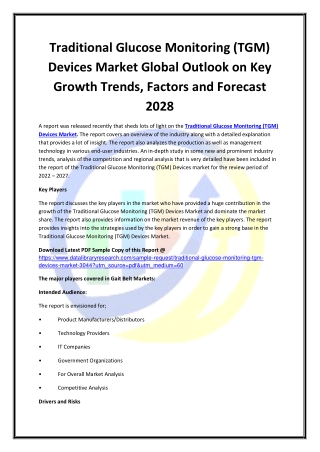 Global Traditional Glucose Monitoring (TGM) Devices Market Opportunities and For