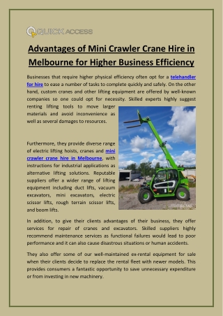 Advantages of Mini Crawler Crane Hire in Melbourne for Higher Business Efficiency