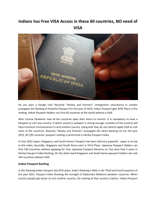 Indians has Free VISA Access in these 60 countries, NO need of VISA