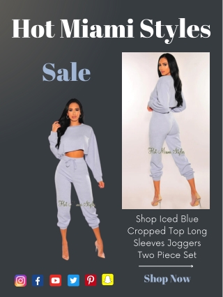 Shop Iced Blue Cropped Top Long Sleeves Joggers Two Piece Set