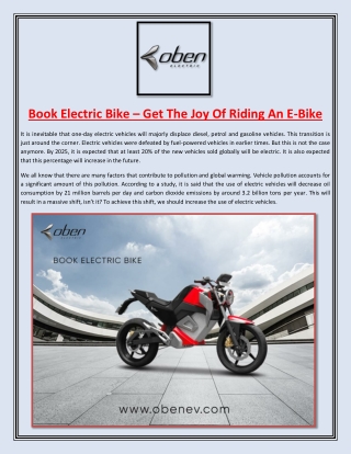 Book Electric Bike – Get The Joy Of Riding An E-Bike.