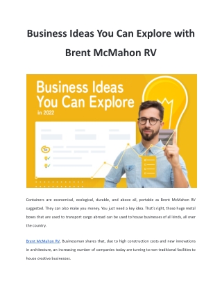 Business Ideas You Can Explore with Brent McMahon RV