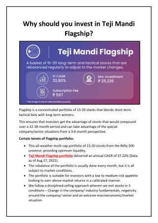 Why should you invest in Teji Mandi Flagship