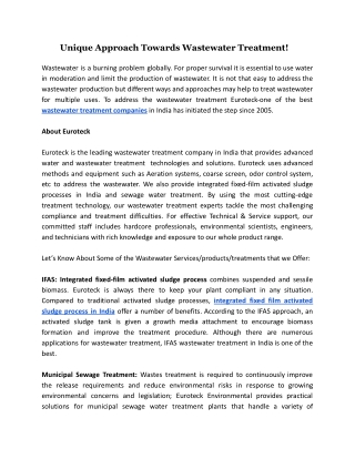 Unique Approach Towards Wastewater Treatment!