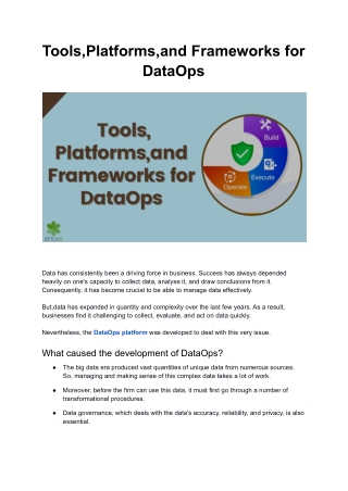 Tools,Platforms,and Frameworks for DataOps