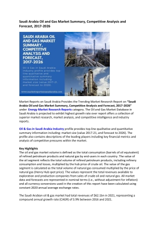 Saudi Arabia Oil and Gas Market Research Report 2017-2026