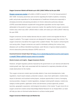 Oxygen Conservers Market will Rocket up to USD 2,248.67 Million by the year 2028