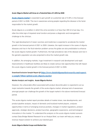 Acute Oliguria Market will Grow at a Potential Rate of 5.30 by 2028