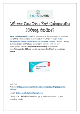 Buy Gabapentin 300MG Online USA | Order Neurontin (Gabapentin) Overnight