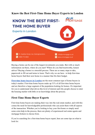 Know the Best First-Time Home Buyer Experts in London