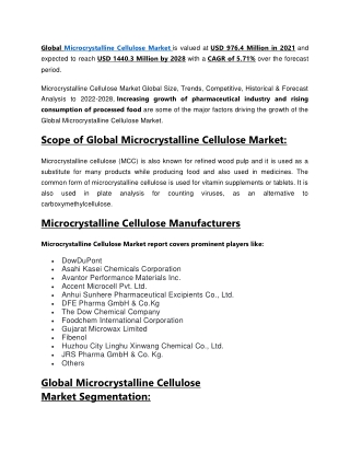 Microcrystalline Cellulose Market