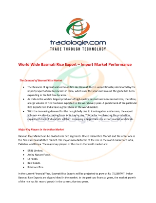 World Wide Basmati Rice Export – Import Market Performance