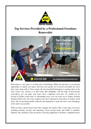 Top Services Provided by a Professional Furniture Removalist