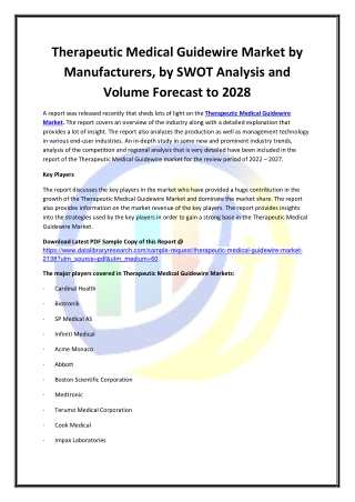 Global Therapeutic Medical Guidewire Market Opportunities and Forecast 2020-2027