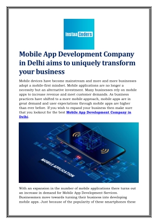 Mobile App Development Company in Delhi aims to uniquely transform your business