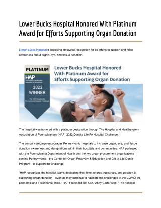 Lower Bucks Hospital Honored With Platinum Award for Efforts Supporting Organ Donation