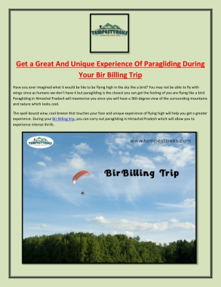 Get a Great And Unique Experience Of Paragliding During Your Bir Billing Trip