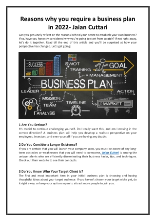 Top Reasons of requiring a business plans- Jaian Cuttari