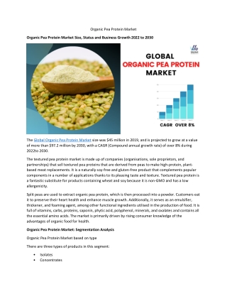 Organic Pea Protein Market Report 2022 to 2028 By Top Key Players, Types & Appli