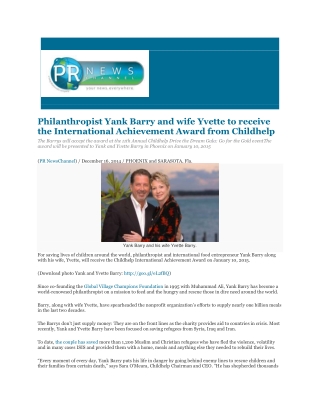 Philanthropist Yank Barry and wife Yvette to receive the International Achievement Award from Childhelp