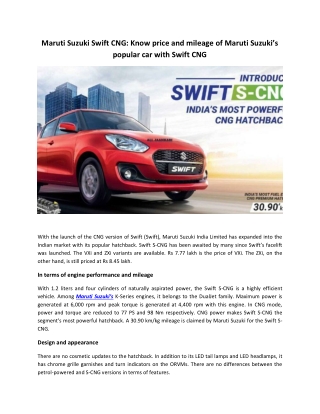Maruti Suzuki Swift CNG Know price and mileage of Maruti Suzuki’s popular car with Swift CNG