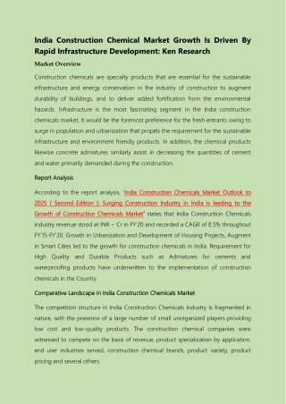 INDIA CONSTRUCTION CHEMICAL MARKET GROWTH IS DRIVEN BY RAPID INFRASTRUCTURE DEVELOPMENT