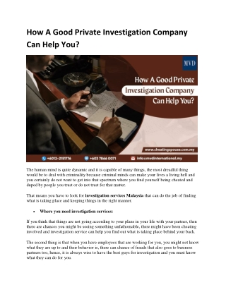 How A Good Private Investigation Company Can Help You