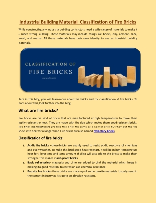 Industrial Building Material: Classification of Fire Bricks