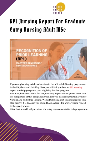 RPL Nursing Report For Graduate Entry Nursing Adult MSc