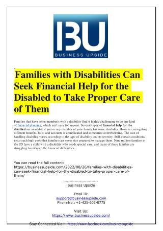 Families with Disabilities Can Seek Financial Help for the Disabled to Take Proper Care of Them