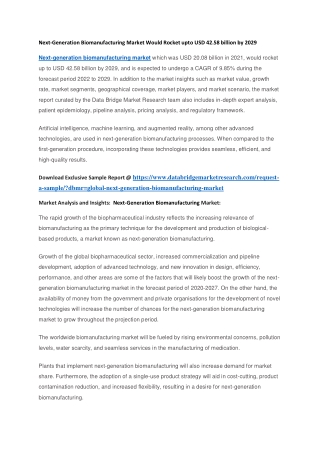 Next-Generation Biomanufacturing Market Would Rocket upto USD 42.58 billion by 2029