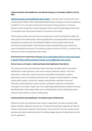 Isothermal Nucleic Acid Amplification Tests Market Growing at a Tremendous CAGR of 11.5 by 2027