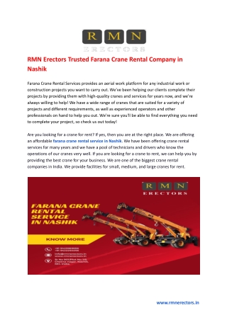 RMN Erectors Trusted Farana Crane Rental Company in Nashik