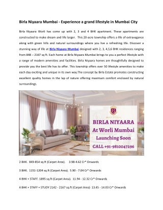 Birla Niyaara Mumbai - Experience a grand lifestyle in Mumbai City