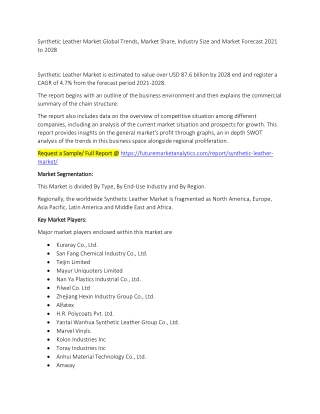 Synthetic Leather Market Trends, Market Share, Industry Size, Growth, and Market Forecast 2021 to 2028