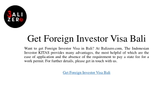 Get Foreign Investor Visa Bali | Balizero.com