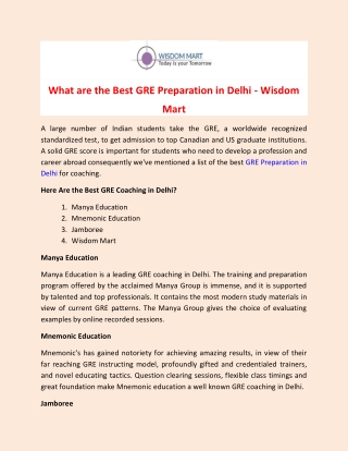 What are the Best GRE Preparation in Delhi - Wisdom Mart