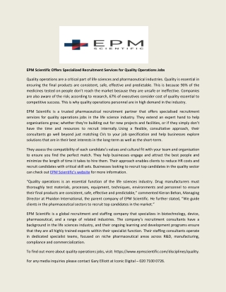 EPM Scientific Offers Specialized Recruitment Services for Quality Operations Jobs
