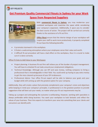 Get Premium Quality Commercial Fitouts in Sydney for your Work Space from Respected Suppliers