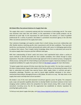 DSJ Global Offers Recruitment Solutions for Supply Chain Jobs
