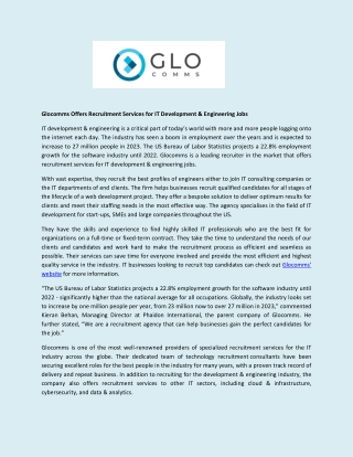 Glocomms Offers Recruitment Services for IT Development & Engineering Jobs