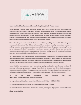 Larson Maddox Offers Recruitment Services for Regulatory Jobs in Various Sectors
