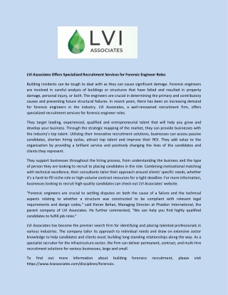 LVI Associates Offers Specialized Recruitment Services for Forensic Engineer Roles