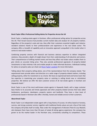 Brock Taylor Offers Professional Selling Advice for Properties Across the UK
