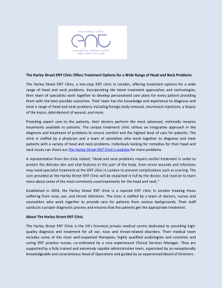 The Harley Street ENT Clinic Offers Treatment Options for a Wide Range of Head and Neck Problems