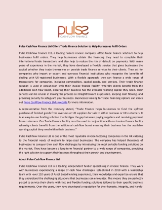 Pulse Cashflow Finance Ltd Offers Trade Finance Solution to Help Businesses Fulfil Orders