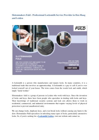 Slotenmakers Fuld - Professional Locksmith Service Provider in Den Haag and Leiden.ppt